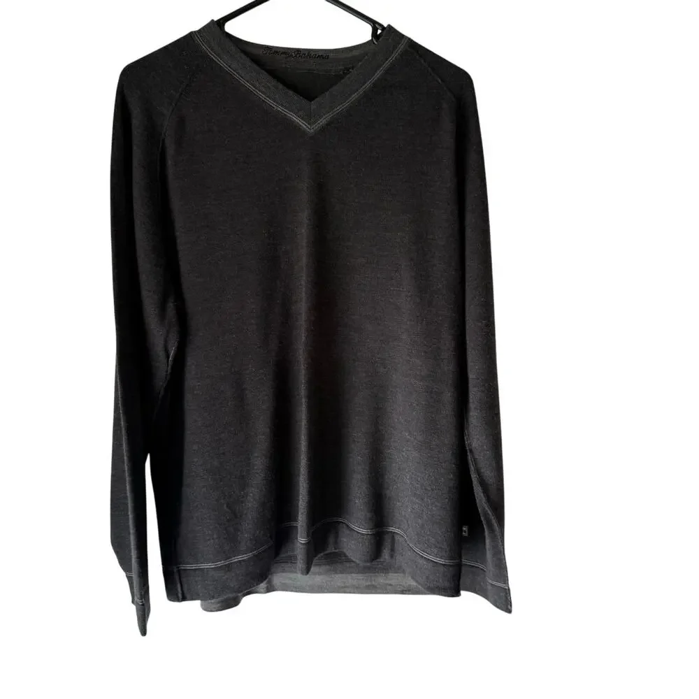 Tommy Bahama Size M Grey 100% Merino Wool V Neck‎ Sweater Preppy Old Money